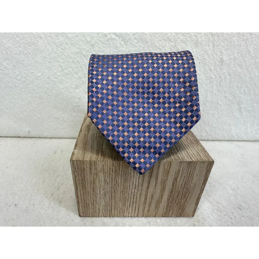 Tom James Executive Collection 100% Silk Tie Blue with Pink & Navy Squares